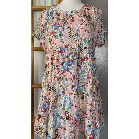 Ott Dresses & Skirts - OTT Tiered Floral Babydoll Mini Dress Sz M Pink Ruffles Peasant Boho Beach